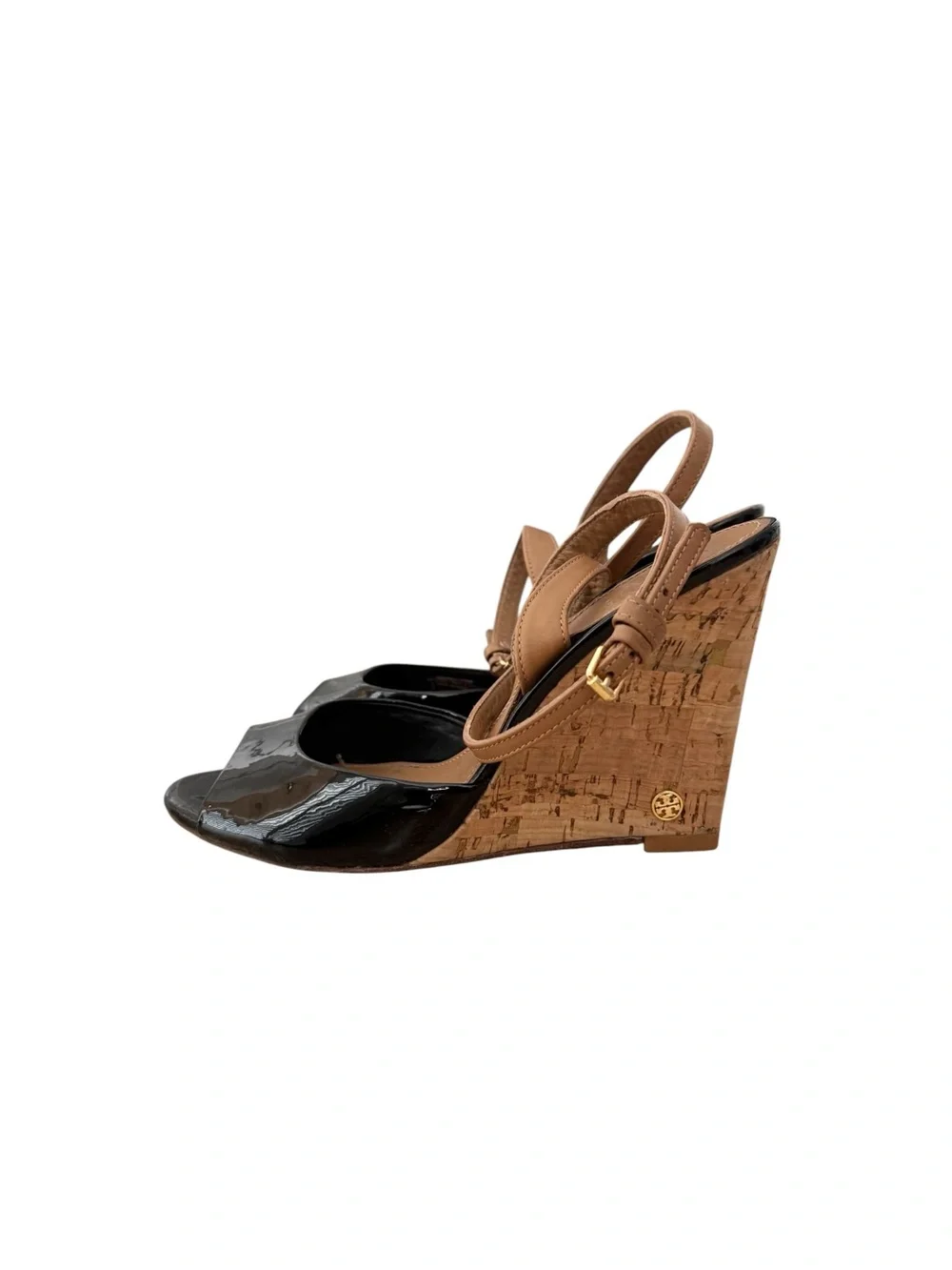 Tory Burch Ashton Black Patent‎ Leather Cork Wedge Peep Toe Heels Size 8